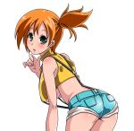  1girl ass back bad_id bare_shoulders bent_over blue_eyes blush breasts cleavage clothed crop_top curvy dengeki!_pikachu denim denim_shorts erect_nipples female female_only green_eyes gym_leader hair_ornament halterneck hands hanging_breasts hips kasumi_(pokemon) large_breasts legs looking_back midriff misty nintendo nipples orange_hair pokemon pokemon_(anime) ponytail satsuki_imonet shirt shirt_lift short_shorts shorts side_ponytail simple_background smile solo suspenders teasing tight tomboy underboob white_background wide_hips worried 