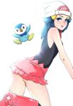 1girl bare_shoulders blue_eyes blue_hair blush boots hat hikari_(pokemon) looking_at_viewer nakasone_haiji pink_boots piplup pokemon pokemon_(game) pokemon_dppt skirt solo white_background