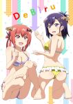  2_girls :3 :d arrow_(symbol) ass barefoot bat_hair_ornament bikini blush clenched_hands commentary_request demon_girl demon_horns fang feet frilled_bikini frills front-tie_top full_body gabriel_dropout hair_ornament hair_rings hairclip halterneck high_res horns kneel multiple_girls open_mouth orange_hair pink_eyes purple_eyes purple_hair romaji_text sanohiramugi satanichia_kurumizawa_mcdowell side-tie_bikini_bottom sitting smile soles star_(symbol) starry_background striped striped_bikini swimsuit vignette_tsukinose_april white_background x_hair_ornament yellow_bikini 