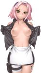 blush breasts gloves green_eyes highres hiyohiyo miniskirt naruto nipples no_bra open_clothes open_shirt pink_hair sakura_haruno shirt short_hair shorts single_vertical_stripe skirt topless undressing