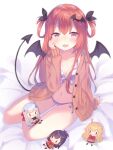  1girl :3 ahoge alternate_hair_length alternate_hairstyle bat_hair_ornament bikini blonde_hair blunt_bangs blush bow bowtie cardigan character_doll cross_hair_ornament demon_girl demon_tail demon_wings doll fang front-tie_top gabriel_dropout gabriel_tenma_white hair_ornament hair_ribbon hair_rings hand_on_own_cheek hand_on_own_face high_res long_hair md5_mismatch navel open_cardigan open_clothes open_mouth pink_eyes purple_bikini purple_hair raphiel_shiraha_ainsworth red_hair resolution_mismatch ribbon satanichia_kurumizawa_mcdowell school_uniform shouu-kun side-tie_bottom sitting smile source_larger striped striped_bikini swimsuit tail thighs vignette_tsukinose_april white_hair wings 