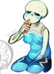 1girl 2020s 2022 2d 2d_(artwork) acidd_grrs animated_skeleton artist_name belly blue_belly blue_body blue_breasts blue_nipples blush breasts chubby chubby_female cooling_off digital_media_(artwork) drinking drinking_straw ectobelly ectobody ectobreasts electric_fan female female_only female_sans genderswap genderswap_(mtf) heat monster nipples rule_63 sans sans_(undertale) shirt_up simple_background sitting skeleton solo solo_female sweat undead undertale undertale_(series) video_games white_background