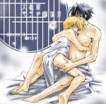 2boys anal_fingering artist_request bad_anatomy bed_sheet black_hair blonde_hair fingering gay hickey human male male_focus male_only multiple_boys naruto naruto_uzumaki sasuke_uchiha