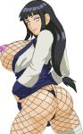  1girl ass big_breasts black_hair breasts female_only fishnet_bodysuit fishnet_top fishnets hinata_hyuuga huge_breasts lipstick long_hair lowres makeup naruto nipples smile solo_female transparent_background warner 