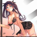 1girl 1girl black_hair blue_eyes blush bra breasts fate/stay_night fate_(series) hair_ribbon high_res i.a.m.genesic long_hair navel nipples panties panty_pull ribbon skirt symbol-shaped_pupils toosaka_rin two_side_up underwear undressing