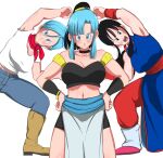  1girl big_breasts black_hair blue_hair breasts bulchi bulma_brief chichi cleavage clothing crop_top dragon_ball female_only fusion fusion_dance hazama_null huge_breasts light-skinned_female light_skin looking_at_viewer pants shounen_jump two_tone_hair 