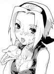  1girl breasts cleavage cum cum_in_mouth cum_on_body cum_on_breasts cum_on_tongue cum_on_upper_body facial forehead licking looking_at_viewer monochrome naruto nekomata_naomi nekomataya sakura_haruno solo tongue tongue_out 