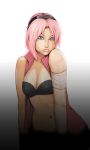 1girl alternate_eye_color artist_request bandage bandages black_bra blue_eyes bra breasts cleavage female_only gradient gradient_background headband headdress konohagakure_symbol lingerie lips looking_at_viewer naruto naruto_shippuuden navel open_clothes open_shirt pink_hair realistic red_shirt sakura_haruno shirt short_hair sleeveless sleeveless_shirt solo solo_female underwear upper_body