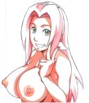 1girl big_breasts breasts female_only huge_breasts looking_at_viewer naruto photoshop sakura_haruno solo_female sunahara_wataru upper_body v