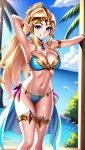 1girl alluring alternate_hairstyle arm_behind_head beach big_breasts bikini blonde_hair blue_bikini blue_eyes cleavage female_only high_res legs looking_at_viewer mistress_aipro mouth_hold navel nintendo ocean pointy_ears ponytail pose posing princess princess_zelda sarong sensual smile sweat the_legend_of_zelda thighs water zengai