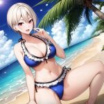 1girl alluring beach big_breasts bikini cleavage legs magenta_eyes maxipizza nakiri_alice posing shokugeki_no_souma silver_hair