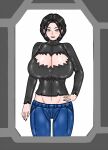  1girl alluring avataro_sentai_donbrothers big_breasts black_hair breasts cleavage denim grey_eyes jeans kuramochi_natsumi lorcat pants pin_up shirt super_sentai 