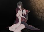 1girl akatsuki akatsuki_(naruto) asymmetrical_hair black_hair bottomless breasts genderswap hair itachi_uchiha jewelry long_hair naked_coat naruto naruto_shippuden necklace open_clothes red_eyes scar side_ponytail sitting solo tattoo zokenwatarushi