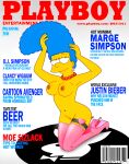 1girl barcode blue_hair breasts earrings female_focus female_only high_heels magazine_cover marge_simpson milf navel nipples nude_female parody pearl_necklace pink_legwear playboy playboy_logo pussy the_simpsons yellow_skin