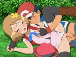 1boy 1girl ash_ketchum blush closed_eyes clothed clothed_sex female female_human hat_removed human human/human interlocked_fingers jitan male male/female male_human nintendo outdoor outdoor_sex outside panties panties_aside penis_in_pussy pokemon pokemon_(anime) pokemon_xy satoshi_(pokemon) serena serena_(pokemon) spooning straight vaginal vaginal_penetration vaginal_sex