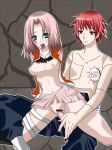 1boy 1girl blush bound bound_hands bound_wrists breasts censored from_behind kitami_mika male/female naruto naruto_shippuuden sakura_haruno sasori sex torn_clothes vaginal