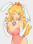  1_girl 1girl big_breasts blonde blonde_hair blue_eyes bunny_ears bunnygirl bunnysuit cleavage crown elbow_gloves gloves human jivke leotard long_blonde_hair long_gloves long_hair nintendo one_eye_closed partially_clothed princess_peach super_mario_bros. wink 