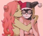 2_girls 2girls batman_(series) big_breasts biting_lip breast_press breasts bust dc_comics domino_mask eyelashes green_skin harley_quinn hat ivyquinn jester_cap lips long_hair mask multiple_girls nude pink_background poison_ivy red_hair redhead ricken sideboob signature simple_background tears topless upper_body yuri