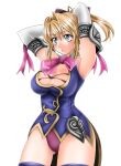 1041_(toshikazu) 1girl 1girl alluring armpits arms_up blonde_hair blue_eyes bow breasts cassandra_alexandra cleavage elbow_gloves gloves hair_bow panties purple_panties silf soul_calibur soulcalibur_iv standing underwear voluptuous