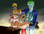  1boy 1girl 2012 after_sex batman_(series) bent_over blonde_hair cum cumshot dc_comics doggy_position erect_nipples female from_behind hair_pulling harley_quinn looking_back pulling_hair stockings the_joker totempole_(artist) twin_tails 