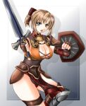 1041_(toshikazu) 1girl 1girl alluring alternate_costume blonde_hair blue_eyes bow breasts cassandra_alexandra cleavage hair_bow looking_at_viewer open_mouth shield silf soul_calibur soulcalibur_iii standing sword thighs voluptuous weapon