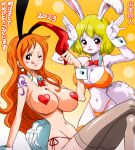 1girl 2023 2_girls anthro bowtie bunny_ears bunny_girl carrot_(one_piece) female_focus female_only huge_breasts human lingerie nami nami_(one_piece) one_piece pasties stockings straw_hat_pirates topless topless_female yamamoto_(artist) yamamotodoujinshi1986