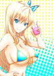 1girl bikini blonde_hair blue_eyes boku_wa_tomodachi_ga_sukunai breasts butterfly_hair_ornament cleavage computer_mouse female front-tie_top hair_ornament hand_on_hip hips kashiwazaki_sena large_breasts long_hair smile solo string_bikini swimsuit underboob wamwam