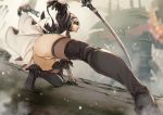  1girl absurd_res ass black_legwear blindfold blurry boots depth_of_field high_res hu58013901 katana kneel legs nier:_automata nier_(series) panties pod_(nier) pov_ass short_hair stockings sword thigh_high_boots thighs underwear weapon white_hair white_panties yorha_no._2_type_b 