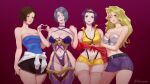 1girl 4girls absurd_res blonde_hair blue_eyes blush brown_hair capcom clothed clothing cowboy_bebop crossover faye_valentine female_only fukumenshi green_eyes grey_hair grin hand_holding heart_hands isabella_valentine jill_valentine jill_valentine_(julia_voth) legs_together long_hair looking_at_viewer mai_valentine pale-skinned_female purple_eyes purple_hair resident_evil resident_evil_3 short_hair smiling_at_viewer soul_calibur take_your_pick teeth_showing thick_thighs yu-gi-oh!