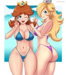  2_girls alluring ass big_breasts bikini blonde_hair blue_bikini blue_eyes blue_sky brown_hair cleavage cloud crown earrings flower_earrings gold_crown gummslime hair_over_one_eye high_res highleg highleg_bikini jewelry long_hair mario_(series) multiple_girls navel nintendo princess_daisy princess_rosalina purple_bikini rosalina silver_crown sky swimsuit thong_bikini v 