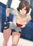  1girl absurd_res alluring big_breasts blue_gloves blue_shorts brown_eyes brown_hair cleavage collarbone collared_shirt fingerless_gloves gloves high_res kage_matu_re kazama_asuka leaning_forward looking_at_viewer namco shirt short_hair short_shorts short_sleeves shorts smile swept_bangs tekken tekken_5_dark_resurrection tekken_7 tekken_8 tekken_tag_tournament_2 thighs white_shirt 