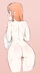 1girl 1girl 1girl ahoge ass back bare_back blush cowboy_shot cropped_legs from_behind hair_over_shoulder high_resolution in_profile kenshin187 leaning_forward looking_back nude orange_hair persona persona_5 pink_background purple_eyes sakura_futaba sidelocks simple_background sketch towel wet