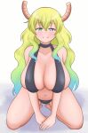  1girl big_ass big_breasts bikini blue_hair cute dragon_girl green_hair horns kiteman_(pixiv) long_hair lucoa_(maidragon) posing quetzalcoatl_(dragon_maid) seductive smile yellow_hair 