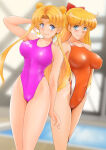  2_girls aino_minako alluring bare_legs big_breasts bikini bishoujo_senshi_sailor_moon blonde_hair blue_eyes cleavage minako_aino nanashi_noiji one-piece_bikini posing rei_no_pool swimming_pool tsukino_usagi usagi_tsukino 