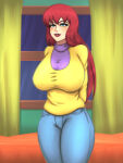  &lt;3 1girl 2024 absurd_res alternate_version_available big_breasts blue_eyes blush clothing female_focus high_res jeans long_hair marvel marvel_animated_universe marvel_comics mary_jane_watson nonoise666 red_hair red_lipstick redhead spider-man:_the_animated_series spider-man_(series) sweater textless_version 