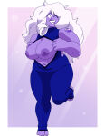  amethyst_(gem) amethyst_(steven_universe) big_breasts big_breasts breasts_out cartoon_network coolerinker famethyst_(steven_universe) gem_(species) high_res inker_comics inkershike leotard leotard_pull long_hair looking_at_viewer muscular_female navel nipples one_leg_up original_character purple_eyes purple_nipples purple_skin simple_background smile smiling_at_viewer steven_universe thick_thighs white_hair wink winking_at_viewer 