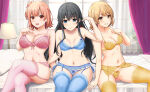 3_girls absurd_res alluring ass_visible_through_thighs bed bedroom big_breasts black_hair blonde_hair blue_bra blue_eyes blue_garter_belt blue_garter_straps blue_lingerie blue_panties blue_stockings blue_thighhighs blush bow bow_bra bow_panties bra breast_size_difference cameltoe cleavage closed_mouth collarbone crossed_legs curtains frilled_garter_belt garter_belt garter_straps hair_bun hair_ribbon hand_on_own_chest hand_up high_res inanaki_shiki indoors isshiki_iroha lace-trimmed_bra lace-trimmed_thighhighs lace_trim lamp legs_apart lingerie lingerie_only long_hair looking_at_viewer medium_breasts multiple_girls navel on_bed open_mouth orange_eyes orange_hair panties pillow pink_bra pink_garter_belt pink_garter_straps pink_lingerie pink_panties pink_stockings pink_thighhighs red_ribbon ribbon short_hair side-tie_panties single_hair_bun single_side_bun sitting sitting_on_bed small_breasts smile spread_legs stockings stomach string_panties thighs underwear underwear_only yahari_ore_no_seishun_lovecome_wa_machigatteiru. yellow_bra yellow_eyes yellow_garter_belt yellow_garter_straps yellow_lingerie yellow_panties yellow_stockings yellow_thighhighs yuigahama_yui yukinoshita_yukino