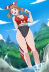 1girl 1girl absurd_res adapted_costume alluring bare_legs black_one-piece_swimsuit bow_hairband bracelet brown_hair cameltoe cleavage creatures_(company) forest game_freak grey_eyes hairband high_res holding holding_poke_ball jewelry kaos_art may may_(pokemon) medium_breasts medium_hair nature nintendo one-piece_swimsuit orange_hairband orange_shirt poke_ball pokemon pokemon_legends:_arceus pokemon_oras shirt sleeveless sleeveless_shirt smile stream swimsuit wading water