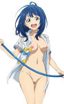  blue_eyes blue_hair looking_at_viewer make_heroine_ga_oo_sugiru! medium_breasts medium_hair nekom14 nipples no_bra no_panties open_mouth open_shirt school_uniform wet_clothes yanami_anna 