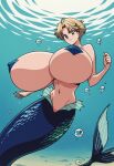 1girl ai_generated big_breasts bishoujo_senshi_sailor_moon blonde_hair female gigantic_breasts haruka_tenou huge_breasts mermaid mermaid_tail mermaid_transformation navel sailor_uranus short_hair solo underwater water