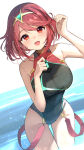 1girl :d alluring arm_up bare_arms bare_shoulders big_breasts black_one-piece_bikini blush collarbone commentary_request covered_collarbone groin hand_up headpiece heroine high_res looking_at_viewer meyamu milf nintendo one-piece_bikini open_mouth red_eyes red_hair smile swept_bangs swimsuit thigh_gap water xenoblade_(series) xenoblade_chronicles_2