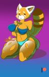 1girl 1girl aggressive_retsuko anthro big_breasts biped black_nose bra breasts brown_fur brown_tail cleavage closed_eyes clothed clothing fur furry hands_behind_back kneel legwear mammal multicolored_fur panties patreon red_panda retsuko simple_background smaller_version_at_source stockings striped_tail stripes torn_clothing two_tone_fur two_tone_tail underwear voluptuous wardrobe_malfunction white_fur