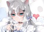 1girl 1girl animal_ears blue_eyes cum facial grey_hair nachoneko virtual_youtuber