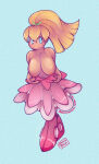  big_breasts blonde blonde_female blonde_hair blue_eyes blush blush character_request dress exposed_breasts flashing flashing_breasts foxnbox green_ribbon huge_breasts long_dress looking_at_viewer milf nipple nipples pink_dress pink_nipples ponytail ribbon roll_halloween_(megaman_x_dive) smile tied_hair topless 