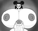 bearalphar34fan_v2 black_hair cartoony dark_background futanari grey_nipples grin huge_penis hyper_breasts joaoppereiraus looking_at_viewer nude pac-man_eyes rubberhose sally_mcboing_(joaoppereiraus) tagme white_skin