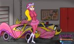 big_breasts blonde_hair blue_eyes boots car chains garage gloves hanna-barbera helmet indoors oniblonde penelope_pitstop skirt tools wacky_races