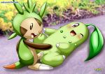 1boy 1girl bbmbbf chespin chikorita lying_down nintendo palcomix pokemon pokepornlive vaginal vaginal_sex