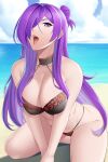 1girl alluring aslind_samure aslindsamure bare_legs beach big_breasts bikini blue_sky cleavage female_only fire_emblem fire_emblem_heroes fire_emblem_warriors:_three_hopes ocean on_knees open_mouth purple_eyes purple_hair shez_(fire_emblem) shez_(fire_emblem)_(female) shez_(summer)_(fire_emblem)