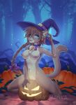  1girl 1girl 2018 5_fingers anthro areola blue_eyes braided_hair breasts brown_fur brown_hair cat detailed_background feline fur furry hair halloween holidays imanika mammal nipples pink_nose pussy smile 