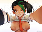  1girl alluring areola aroused artist_name bedroom_eyes between_breasts big_breasts biting_lip black_hair breasts clothed clothing exposed_breasts eye_contact fluffydango freckles game_freak green_hair heart heart-shaped_pupils hot lip_bite lip_biting looking_at_viewer multicolored_hair nemona nemona_(pokemon) nintendo nipples no_bra orange_eyes outstretched_arms pokemon pokemon_sv pokemon_trainer puffy_areola puffy_nipples seductive seductive_eyes seductive_look seductive_smile sexy sexy_body sexy_breasts sexy_face shirt shirt_up short_hair simple_background smile smiling_at_viewer solo_focus sweat sweaty sweaty_body sweaty_breasts symbol-shaped_pupils tan-skinned_female tan_skin tanned tanned_female tanned_skin tie tie_between_breasts topwear two-tone_hair two_tone_hair upper_body white_background white_clothing white_shirt white_topwear 